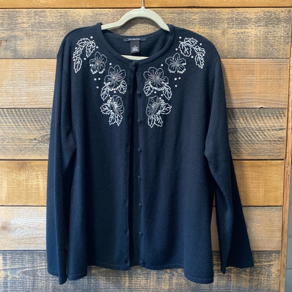 Beaded and embroidered lightweight cardigan sweater Black Size 1X